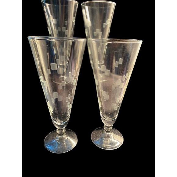 Set of Four Vintage Anchor Hocking Grey Etched CUBIST Pilsner Glasses 7 1/2” MCM - Picture 8 of 12